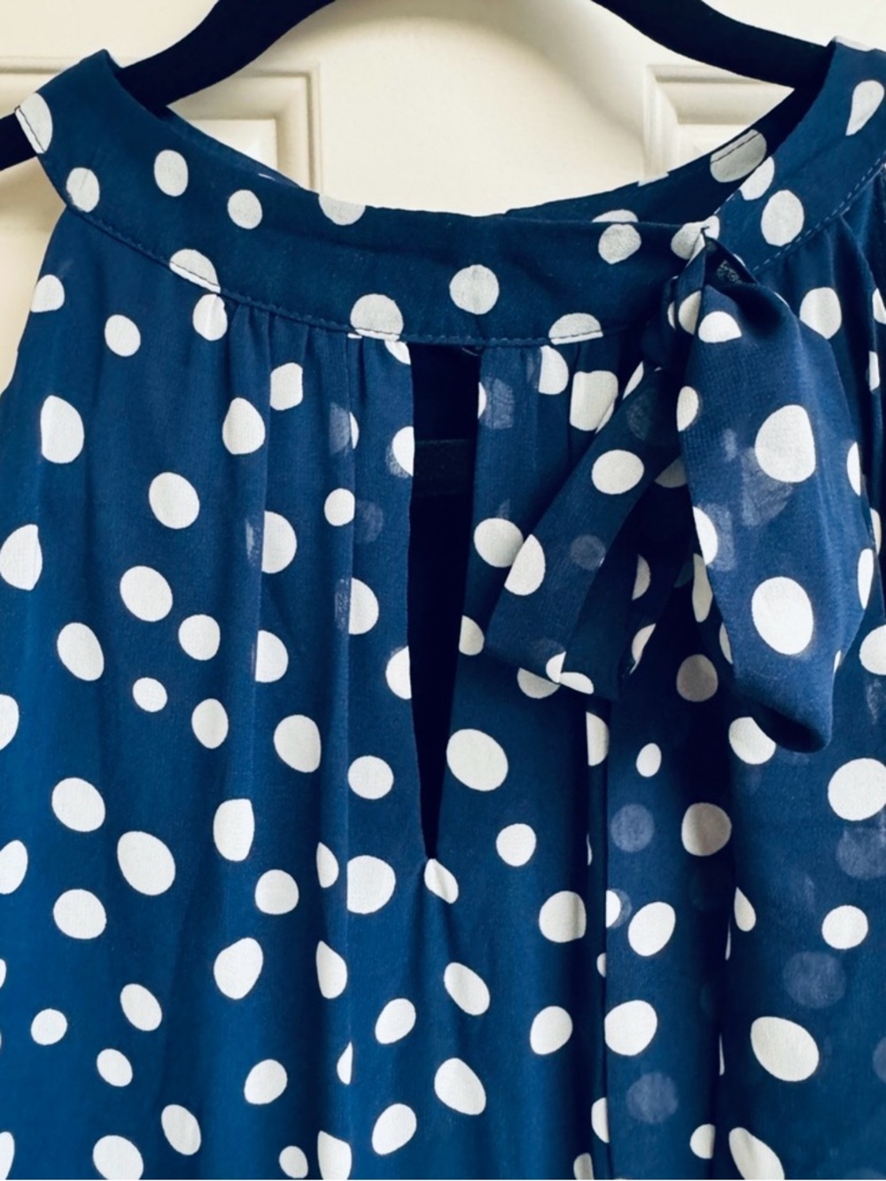 Tahari Navy Blue and White Polka Dot Sleeveless Halter Maxi Dress, High-Low, 8 - Picture 4 of 12